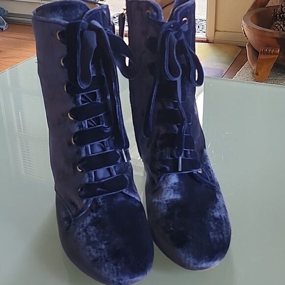 Polly Plume Crushed Blue Velvet and Leather Boots - Picture 5 of 12